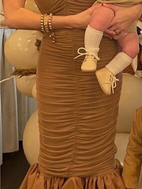 Ruched BEBE Mermaid dress in Tan